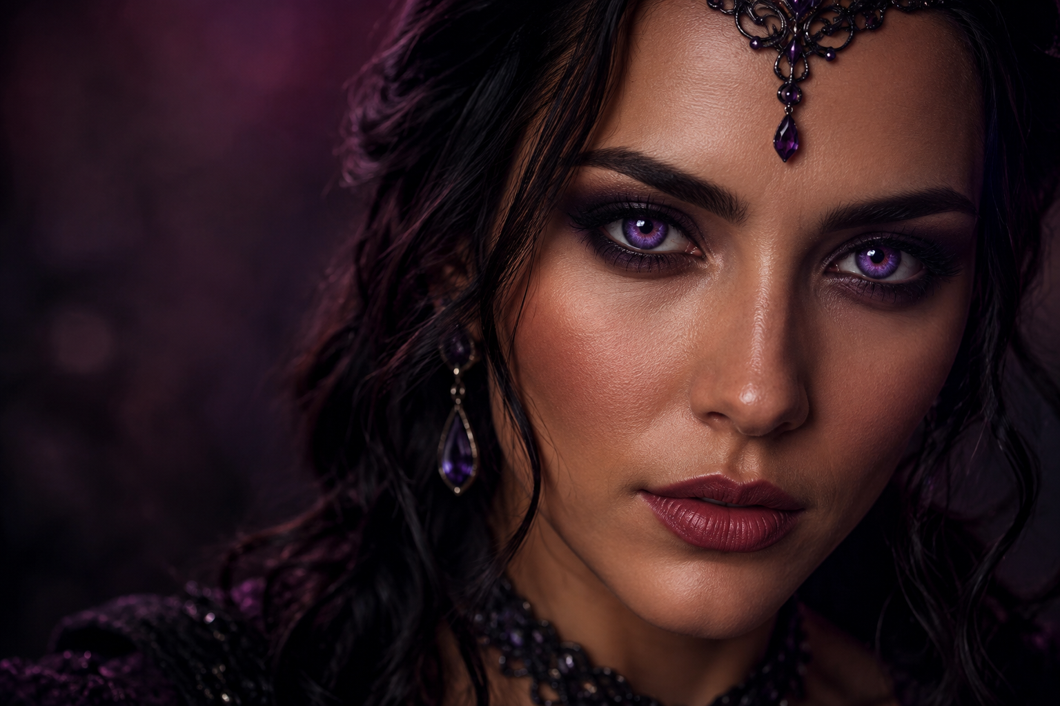 Fantasy character wearing violet eye lenses